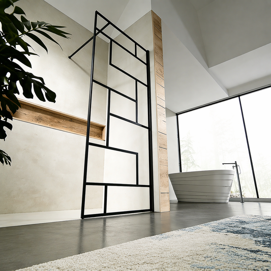 Paroi de douche à sérigraphie noire barre de stabilisation 140cm en alu noir mat