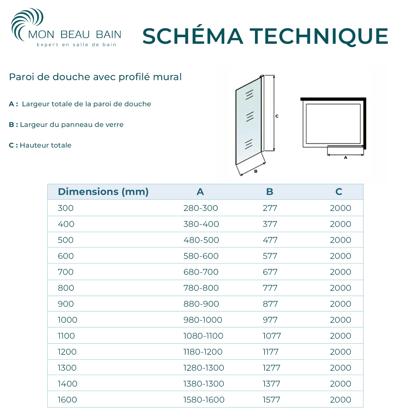 Paroi de douche en verre 8mm avec profilé et barre 90cm en aluminium chromé