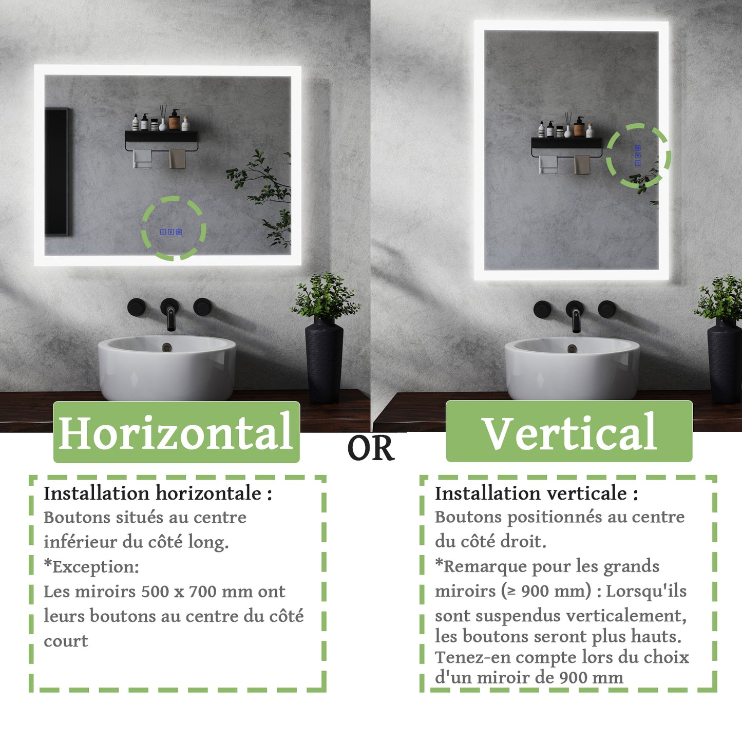 Miroir LED pour salle de bain Lumière réglable - pose verticale ou horizontale