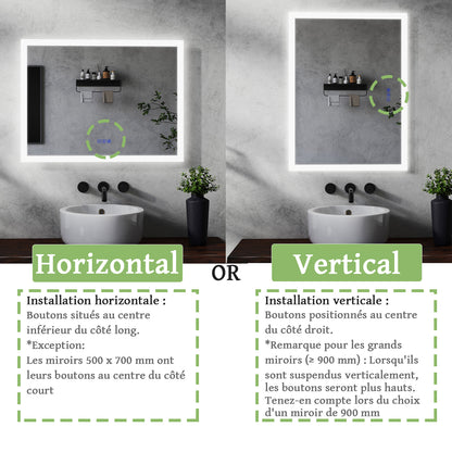 Miroir LED pour salle de bain Lumière réglable - pose verticale ou horizontale