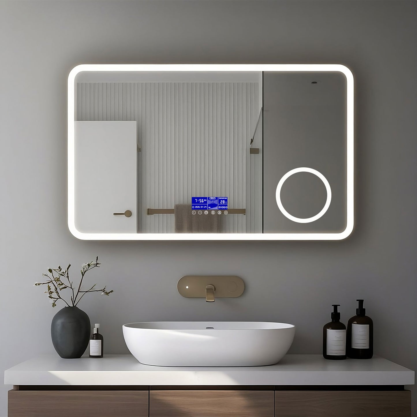 Miroir LED avec zone grossissante X3 et horloge digitale pour salle de bain