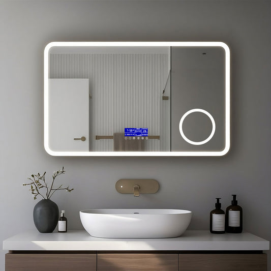 Miroir LED avec zone grossissante X3 et horloge digitale pour salle de bain