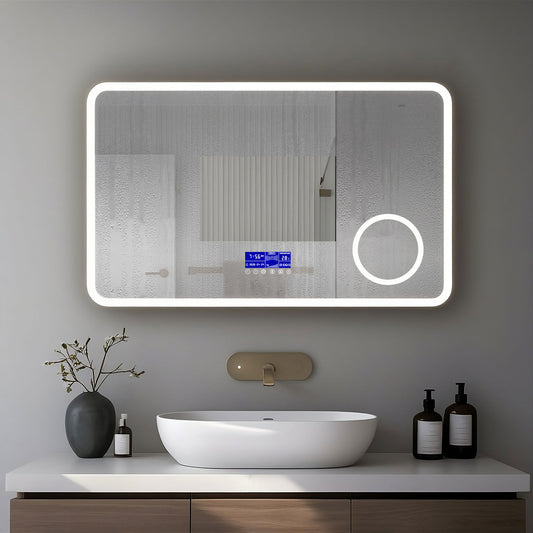 Miroir LED avec zone grossissante X3 et horloge digitale pour salle de bain