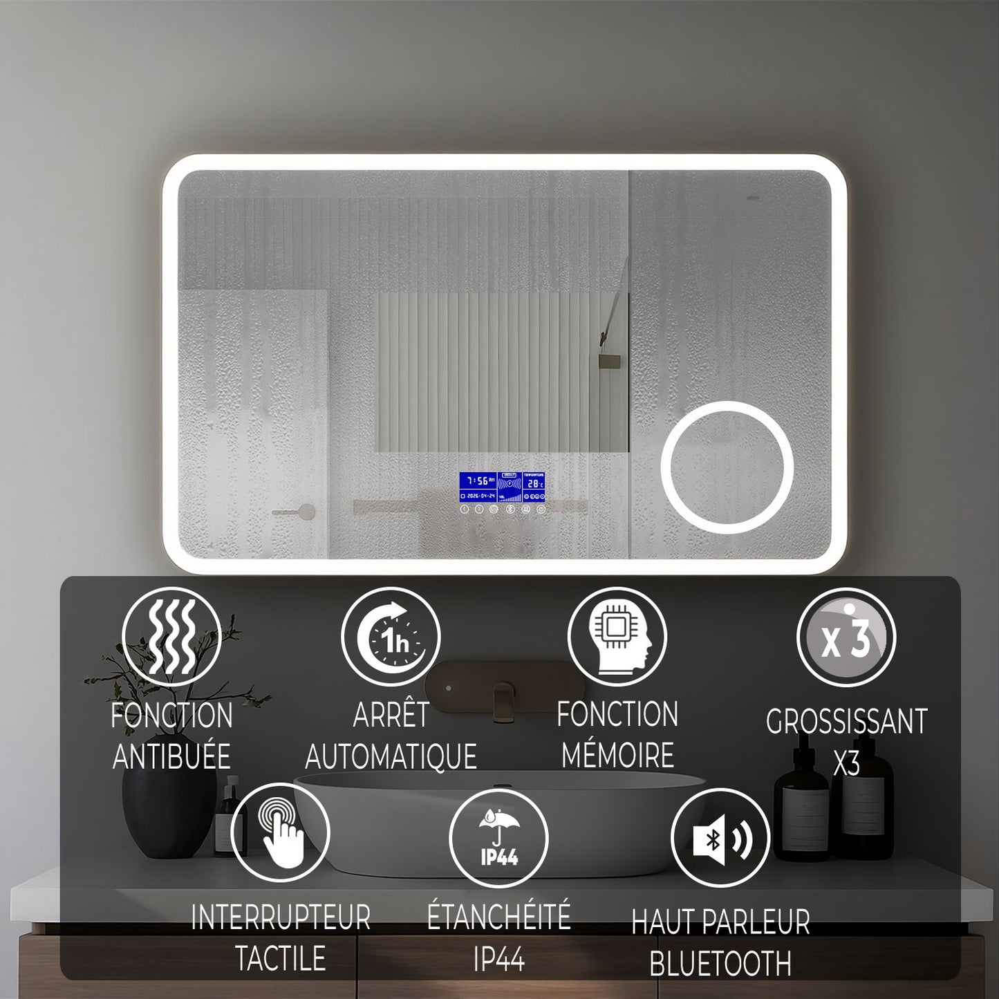 Miroir LED avec zone grossissante X3 et horloge digitale pour salle de bain