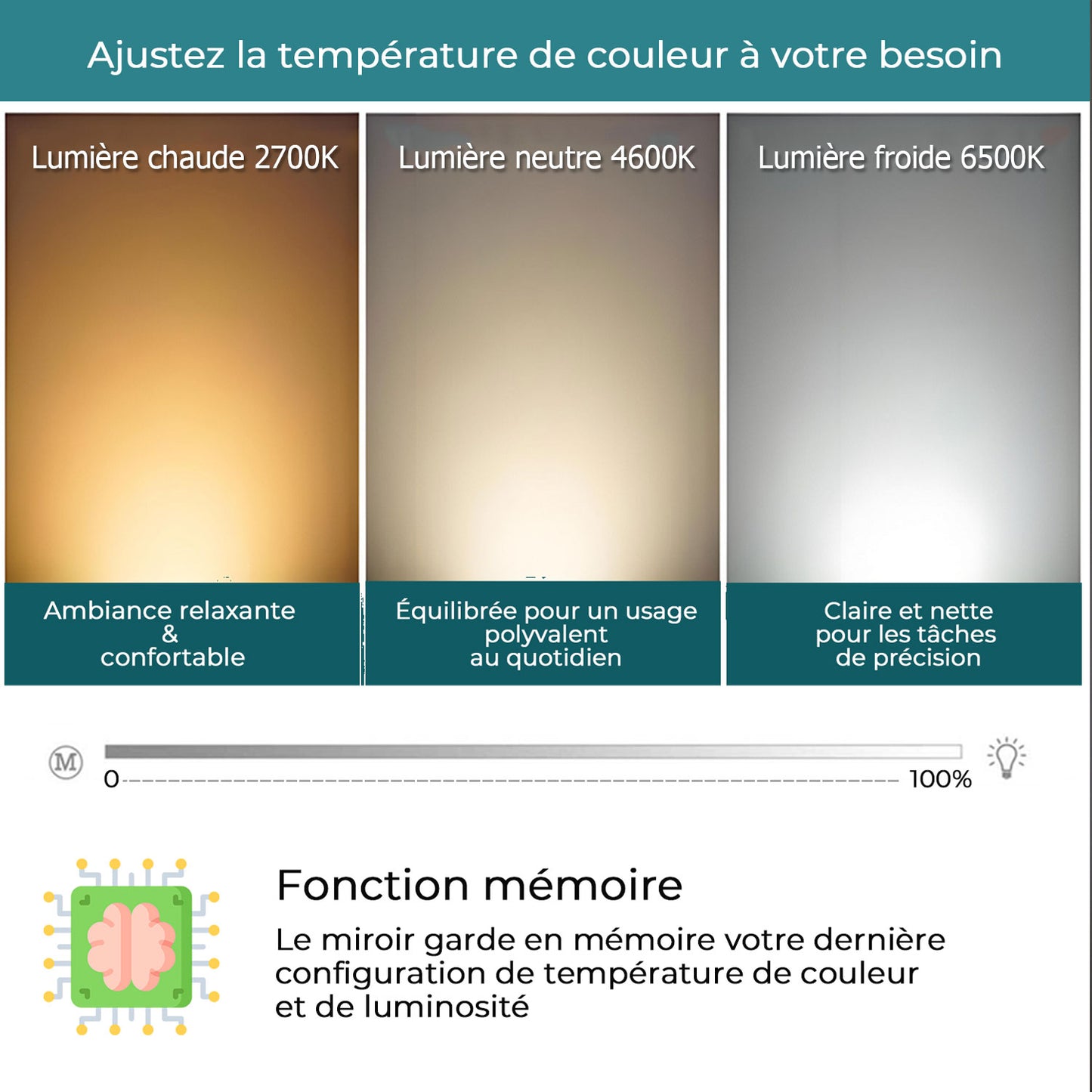 Miroir LED avec hauts parleurs Bluetooth intégrés pour salle de bain luminosité réglable