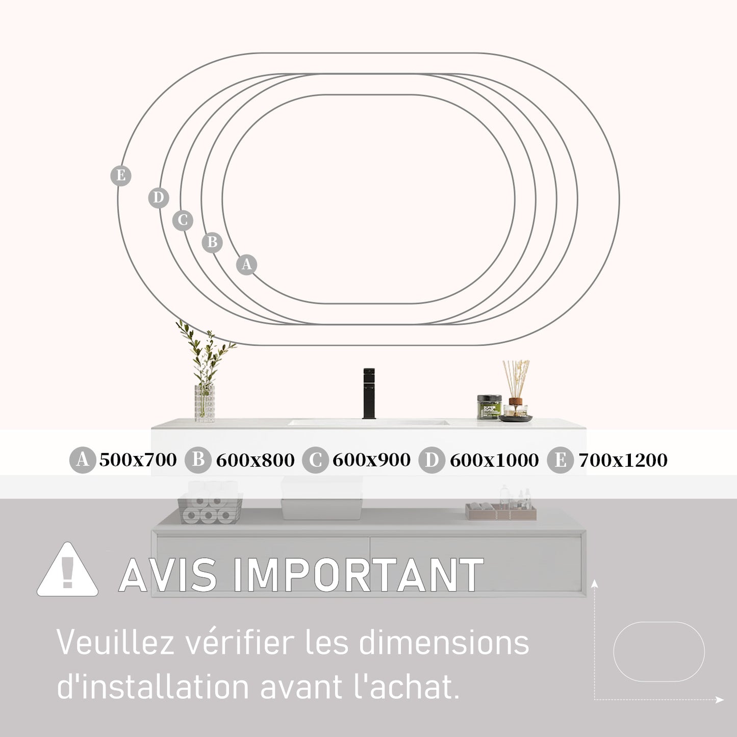 Miroir ovale réversible avec éclairage LED à luminosité dimmable lumière 2800K-6000K