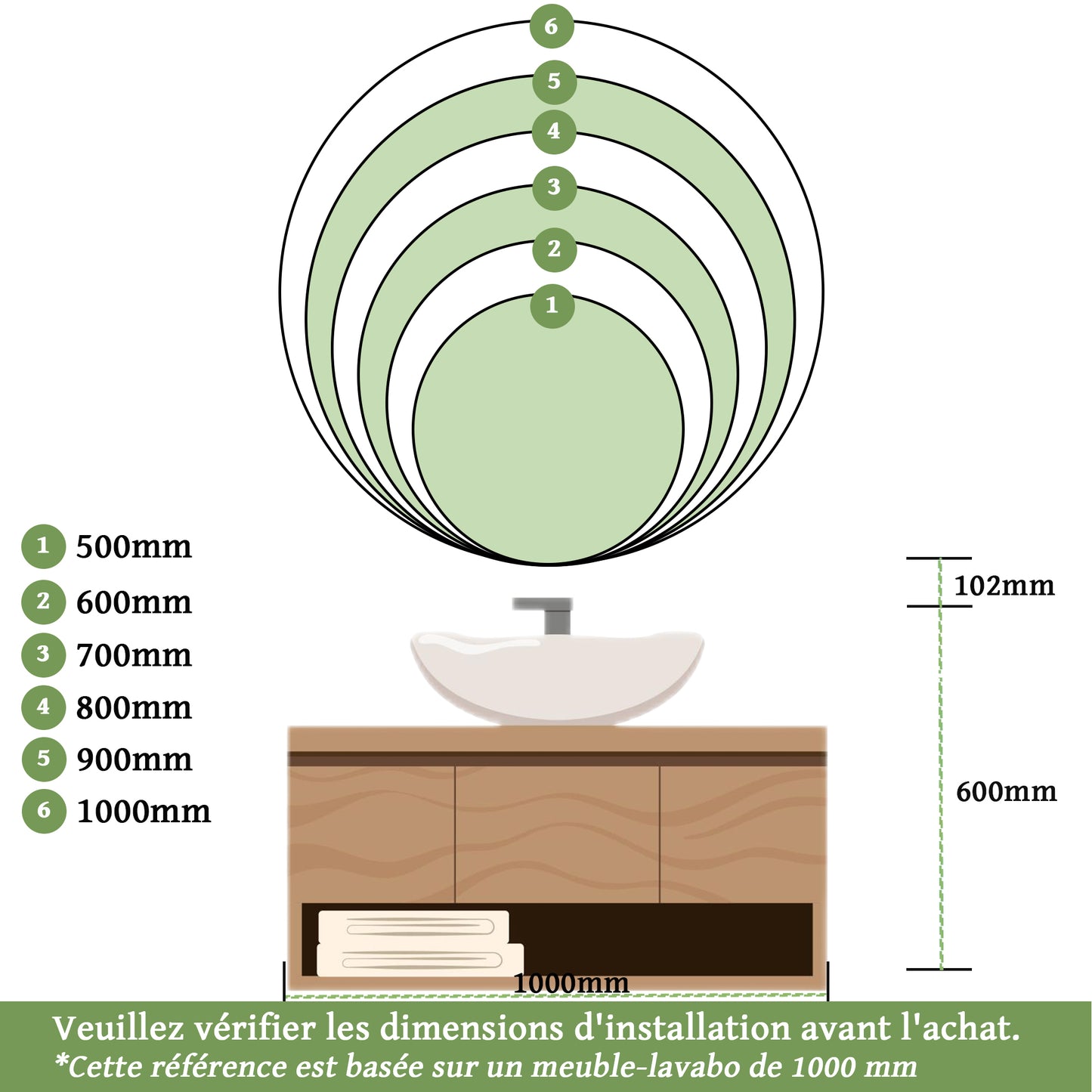 Miroir rond antibuée avec lumière LED à Luminosité réglable - 2 boutons tactiles