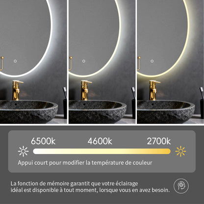 Miroir Oval avec éclairage LED pour salle de bain lumière réglable