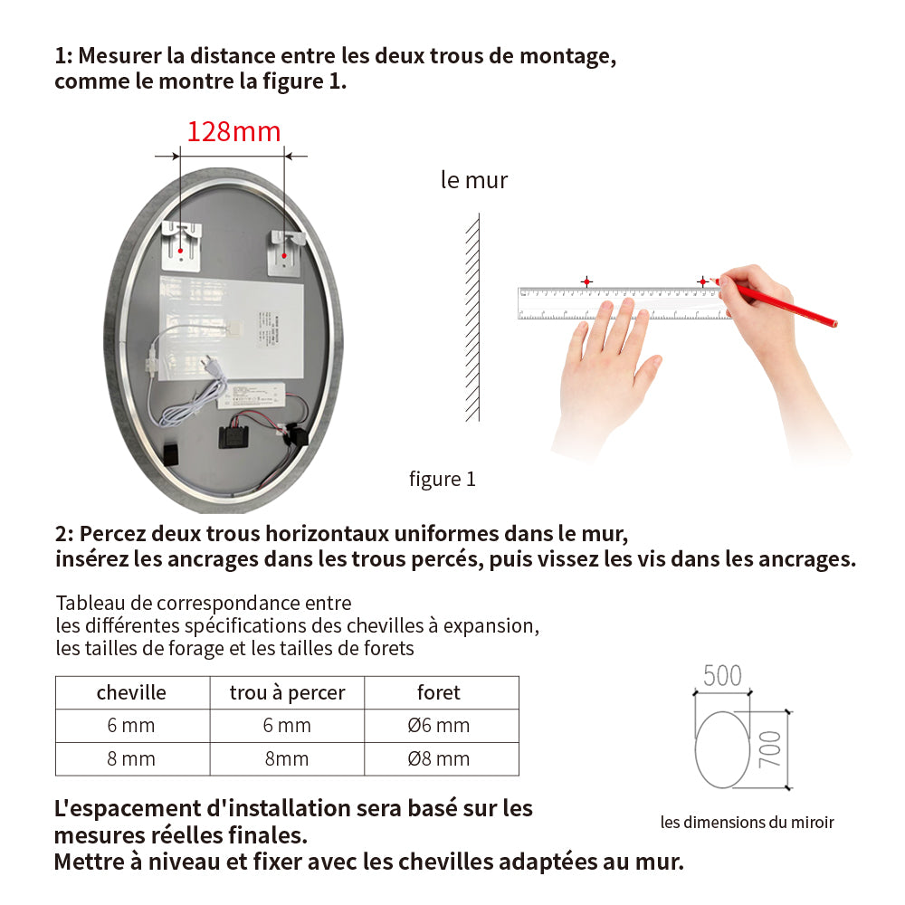 Miroir Oval avec éclairage LED pour salle de bain lumière réglable