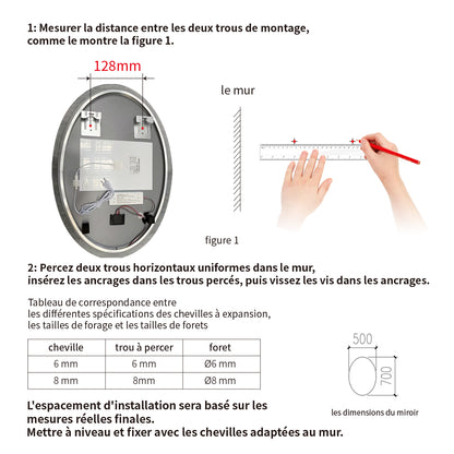 Miroir Oval avec éclairage LED pour salle de bain lumière réglable