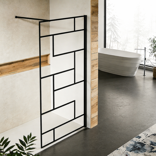 Paroi de douche à sérigraphie noire barre de stabilisation 140cm en alu noir mat