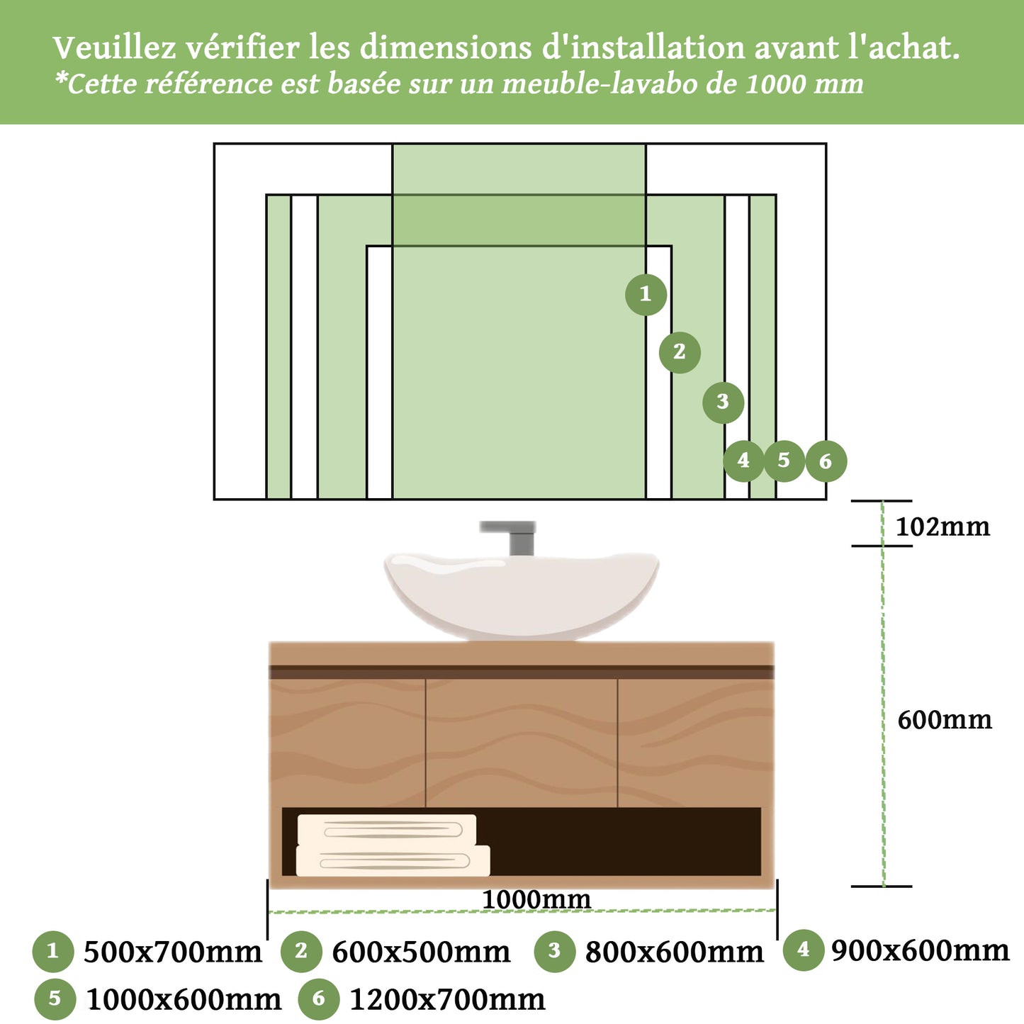 Miroir LED pour salle de bain Lumière réglable - pose verticale ou horizontale