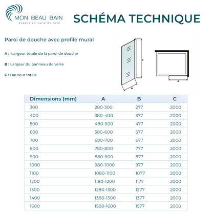 Paroi de douche en verre ondulé 8mm avec profilé et barre 90cm en aluminium noir mat