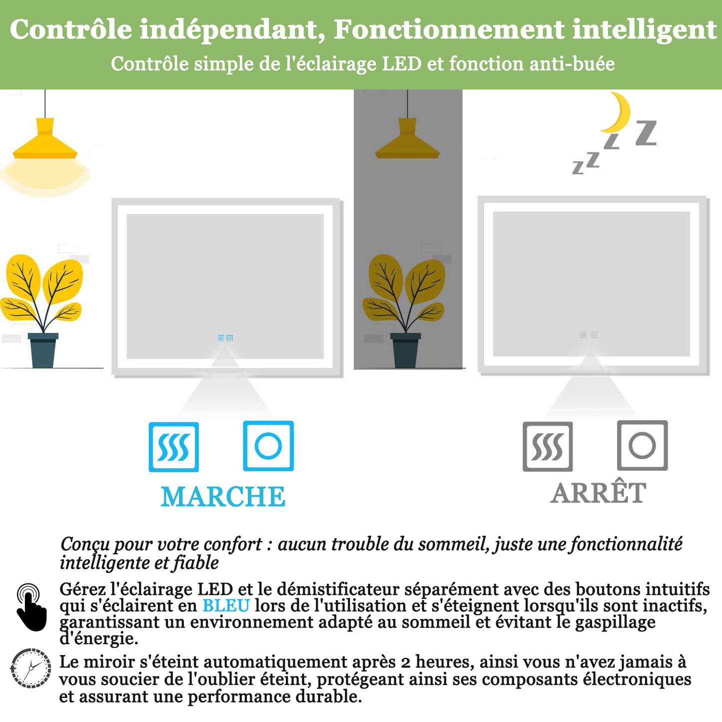 Miroir salle de bain installation réversible - température de lumière réglable