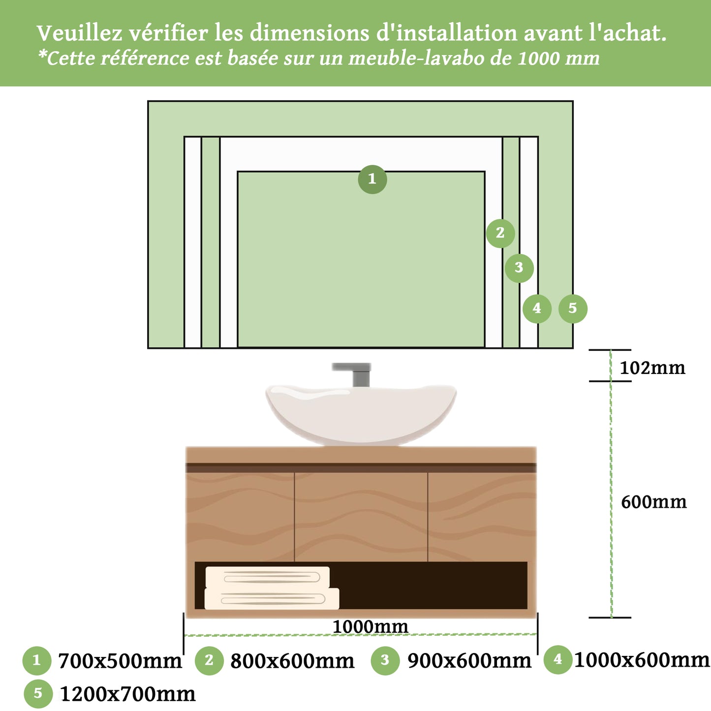 Miroir salle de bain installation réversible - température de lumière réglable
