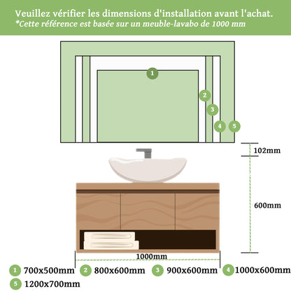 Miroir salle de bain installation réversible - température de lumière réglable