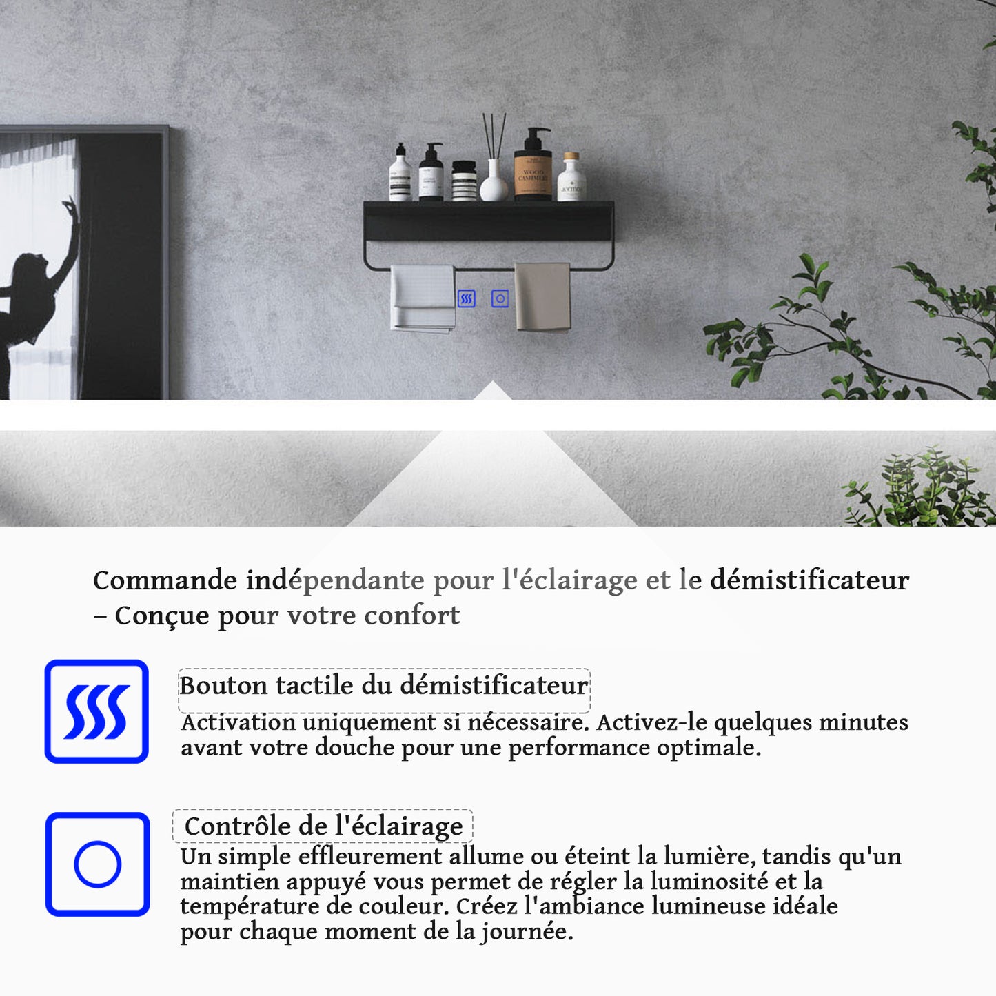 Miroir rond antibuée avec lumière LED à Luminosité réglable - 2 boutons tactiles