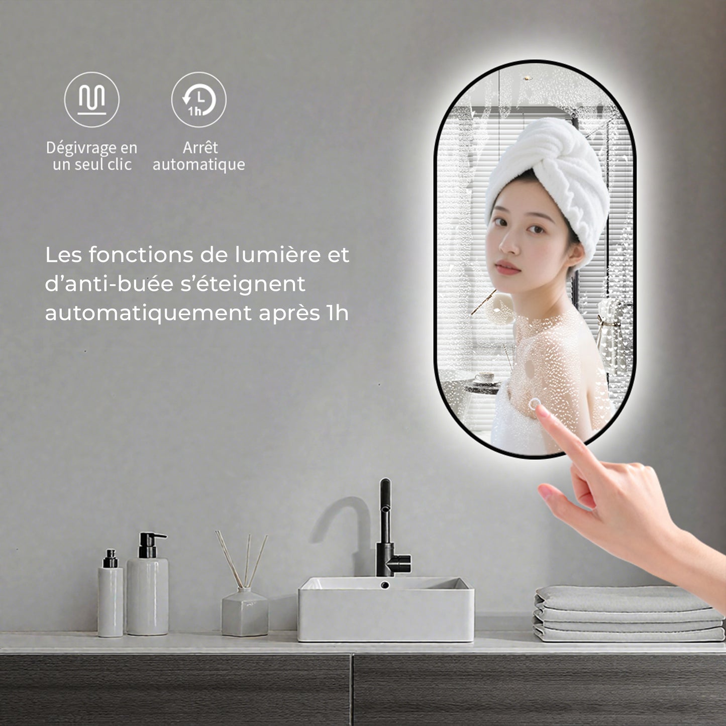 Miroir salle de bain rectangle arrondi avec éclairage d'ambiance - Lumière LED Réglable