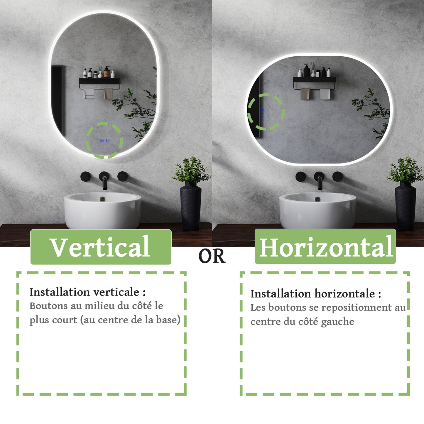 Miroir ovale réversible avec éclairage LED à luminosité dimmable lumière 2800K-6000K