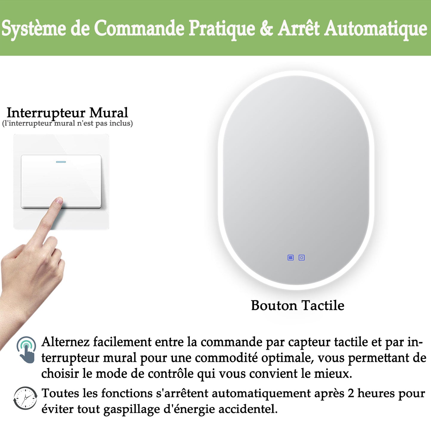 Miroir ovale réversible avec éclairage LED à luminosité dimmable lumière 2800K-6000K