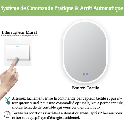 Miroir ovale réversible avec éclairage LED à luminosité dimmable lumière 2800K-6000K