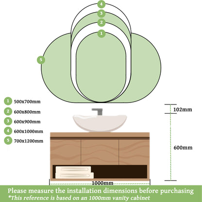 Miroir ovale réversible avec éclairage LED à luminosité dimmable lumière 2800K-6000K