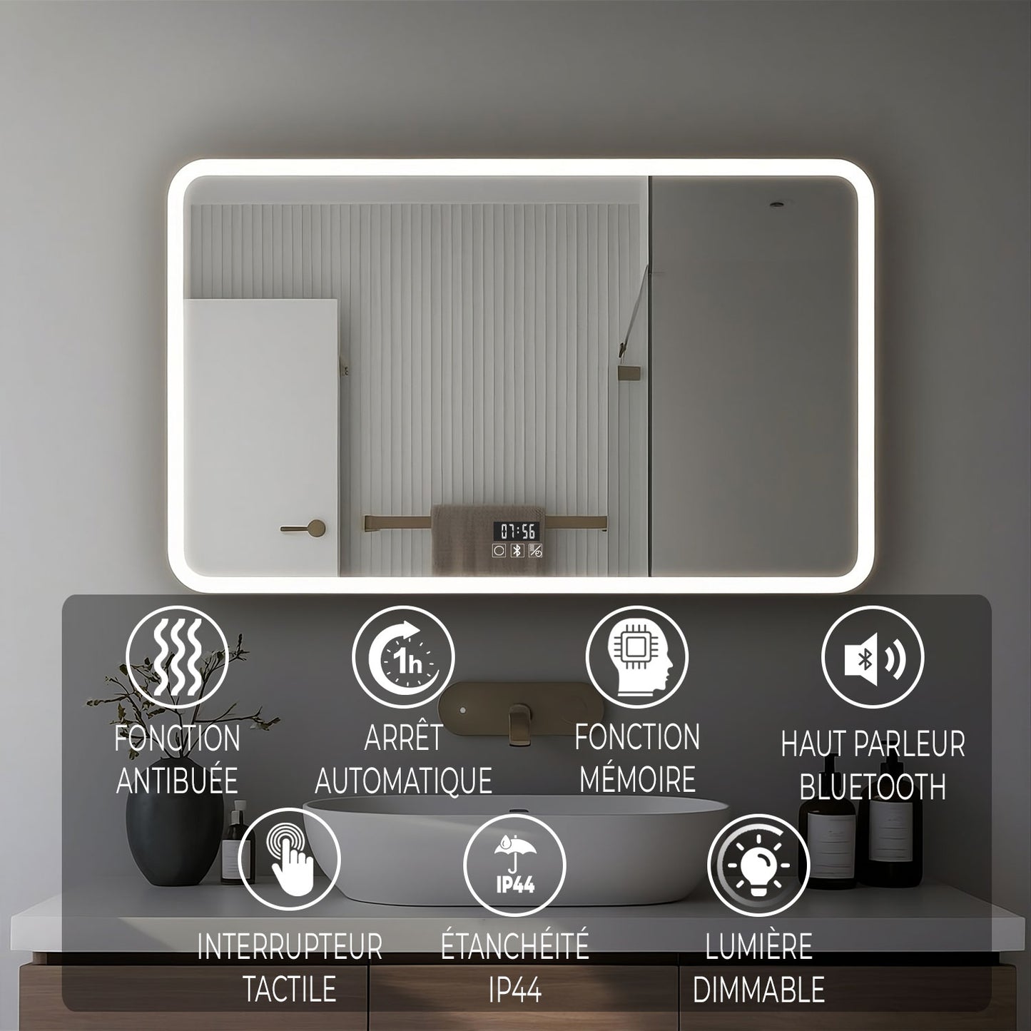 Miroir LED avec hauts parleurs Bluetooth intégrés pour salle de bain luminosité réglable