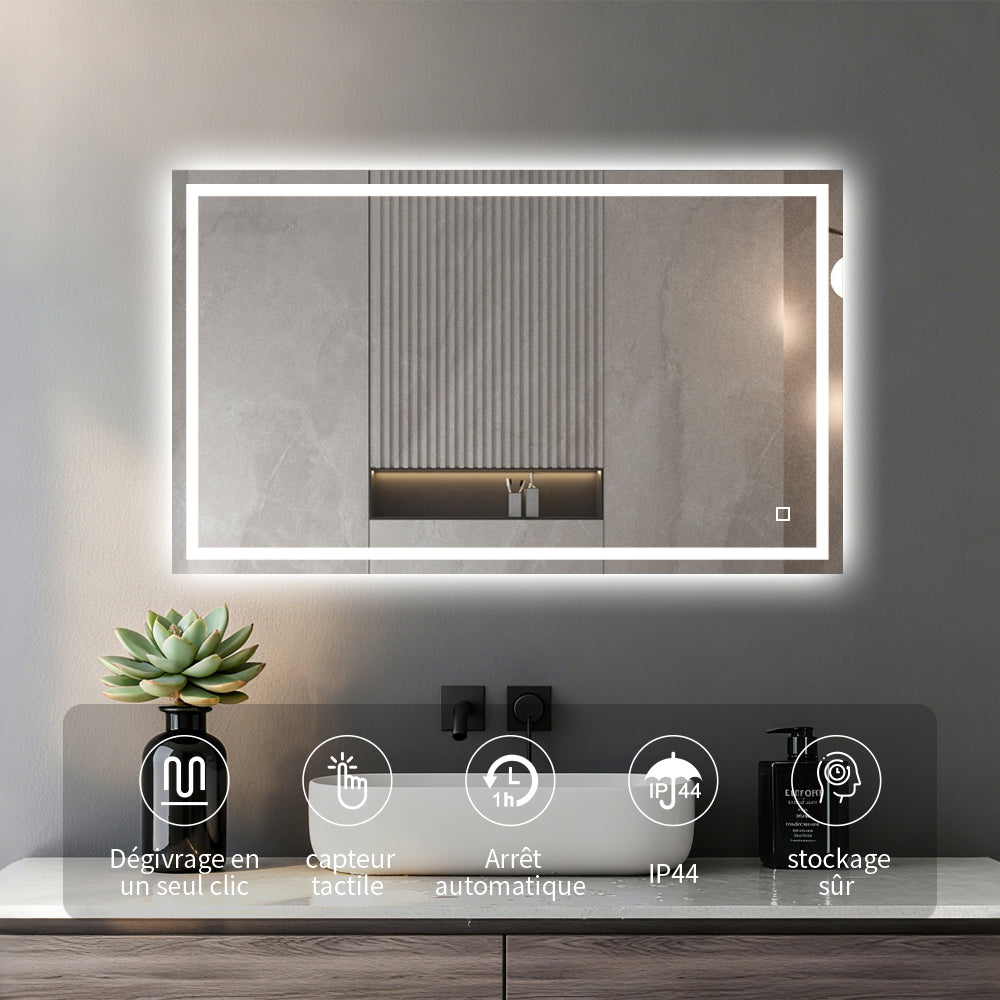 Miroir salle de bain LED 3 tons de couleur avec zone antibuée luminosité réglable