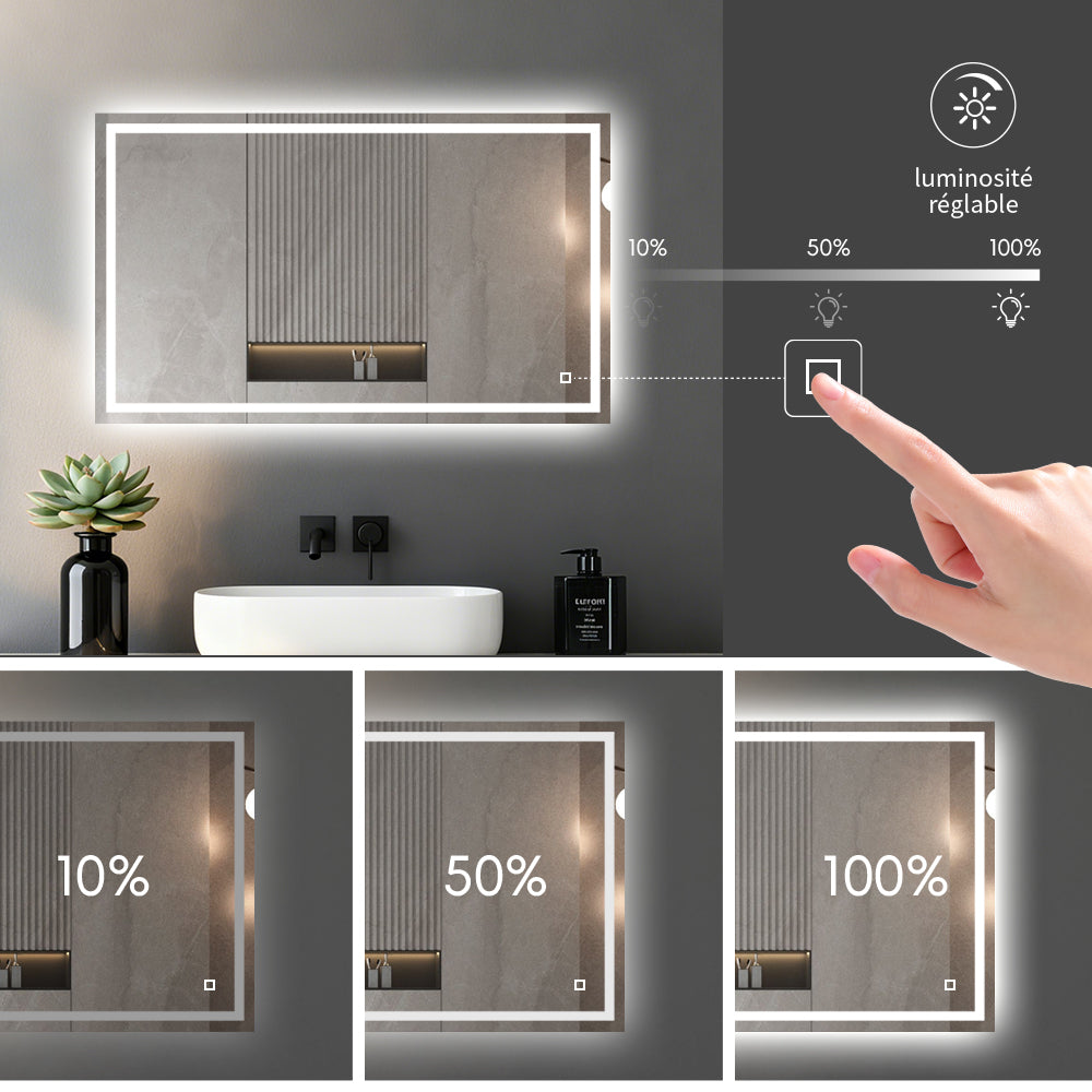 Miroir salle de bain LED 3 tons de couleur avec zone antibuée luminosité réglable