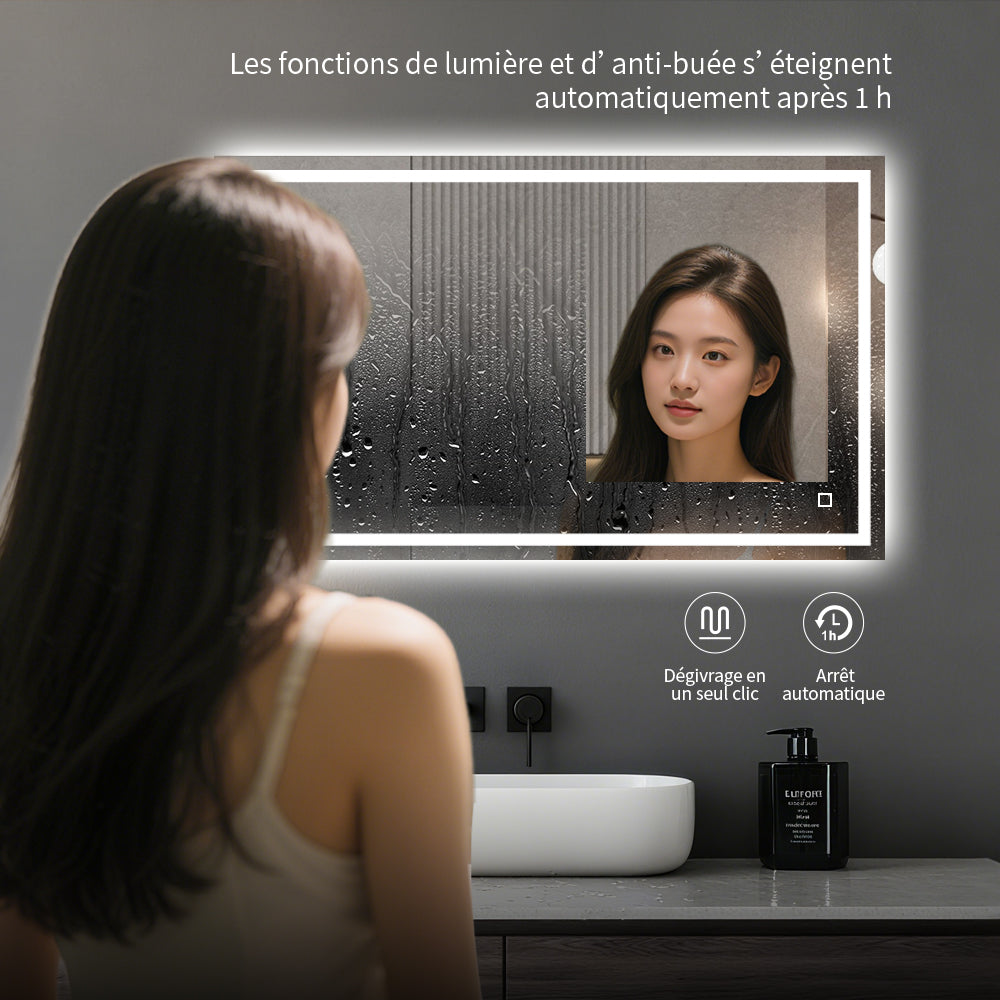 Miroir salle de bain LED 3 tons de couleur avec zone antibuée luminosité réglable