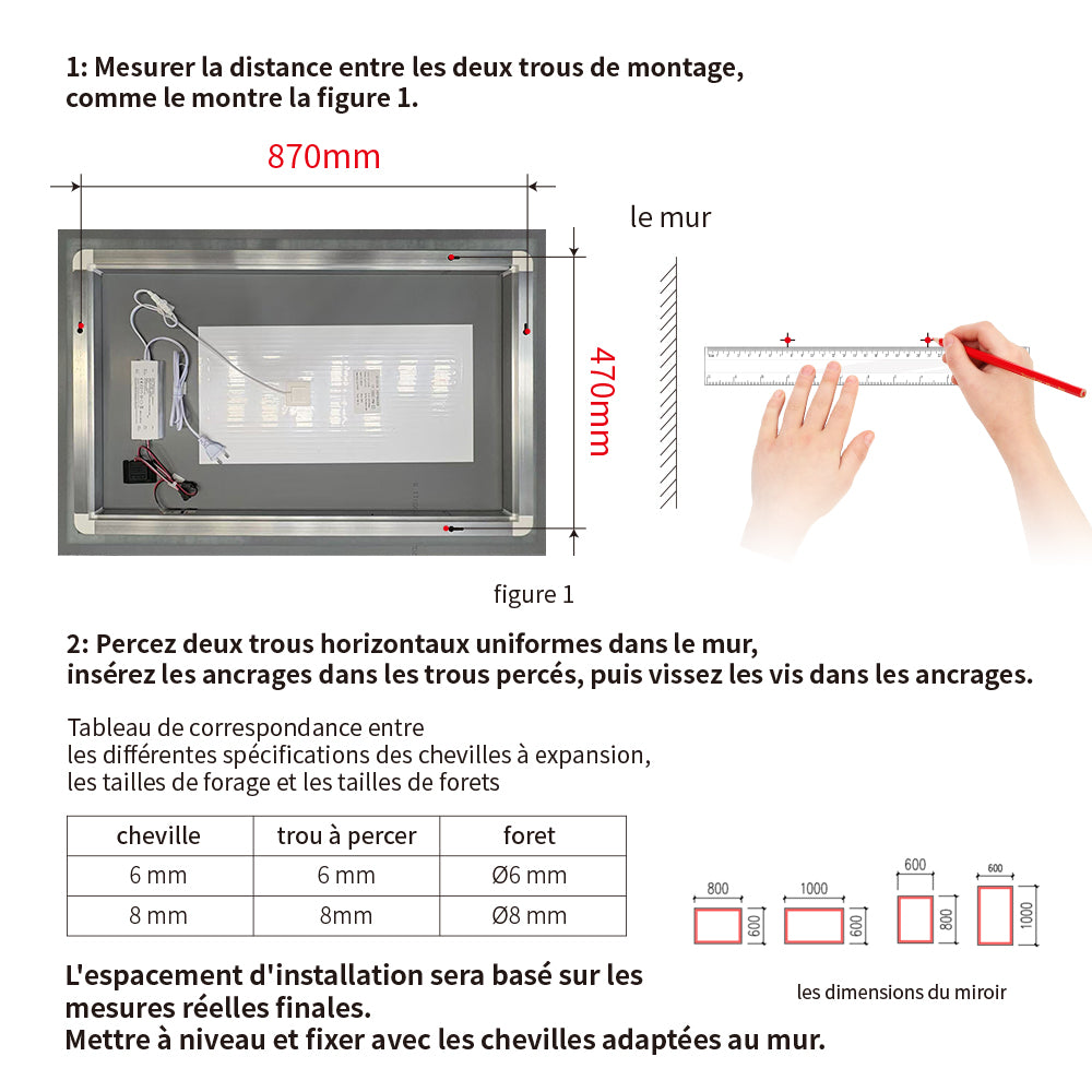 Miroir salle de bain LED 3 tons de couleur avec zone antibuée luminosité réglable