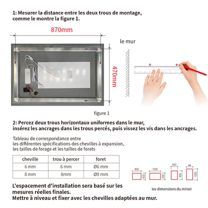 Miroir salle de bain LED 3 tons de couleur avec zone antibuée luminosité réglable