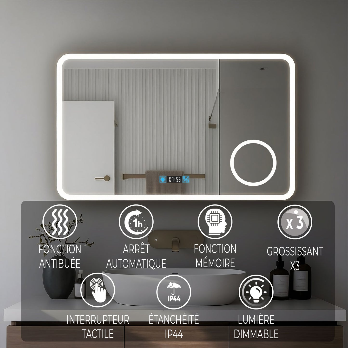 Miroir LED Salle de bain avec horloge digitale - Lumière réglable