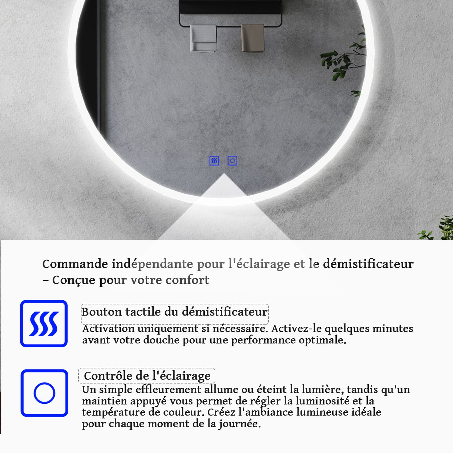 Miroir rond antibuée avec lumière LED à Luminosité réglable - 2 boutons tactiles