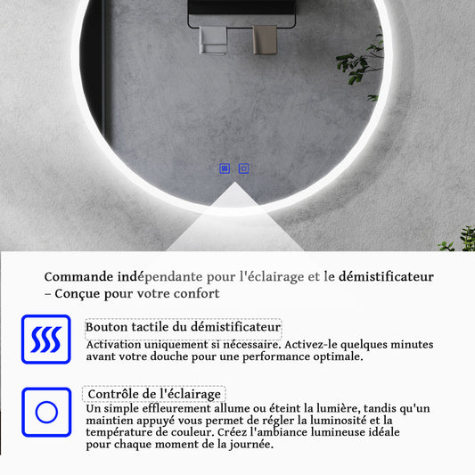 Miroir rond antibuée avec lumière LED à Luminosité réglable - 2 boutons tactiles