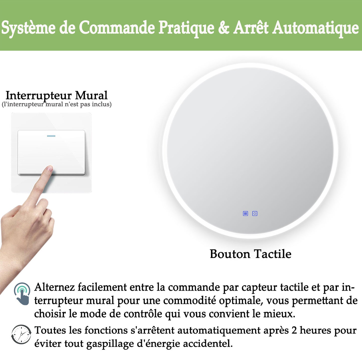 Miroir rond antibuée avec lumière LED à Luminosité réglable - 2 boutons tactiles