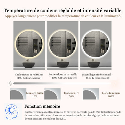 Miroir rond antibuée avec lumière LED à Luminosité réglable - 2 boutons tactiles