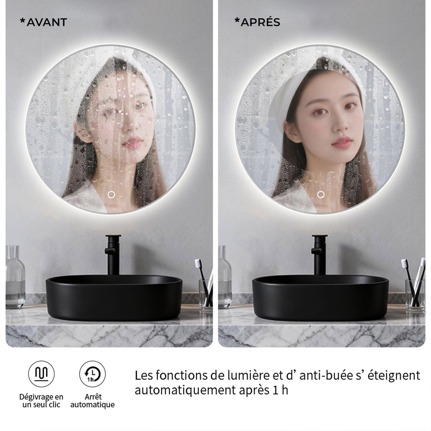 Miroir circulaire antibuée avec lumière LED à luminosité dimmable pour salle de bain
