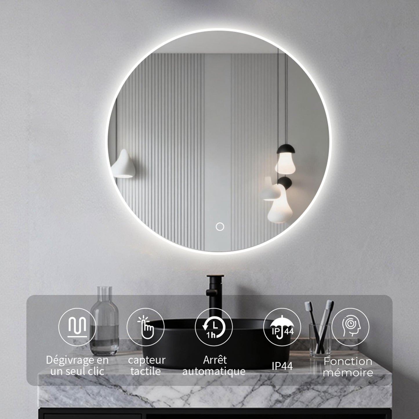Miroir rond pour salle de bain avec lumière dimmable et 3 températures de couleur