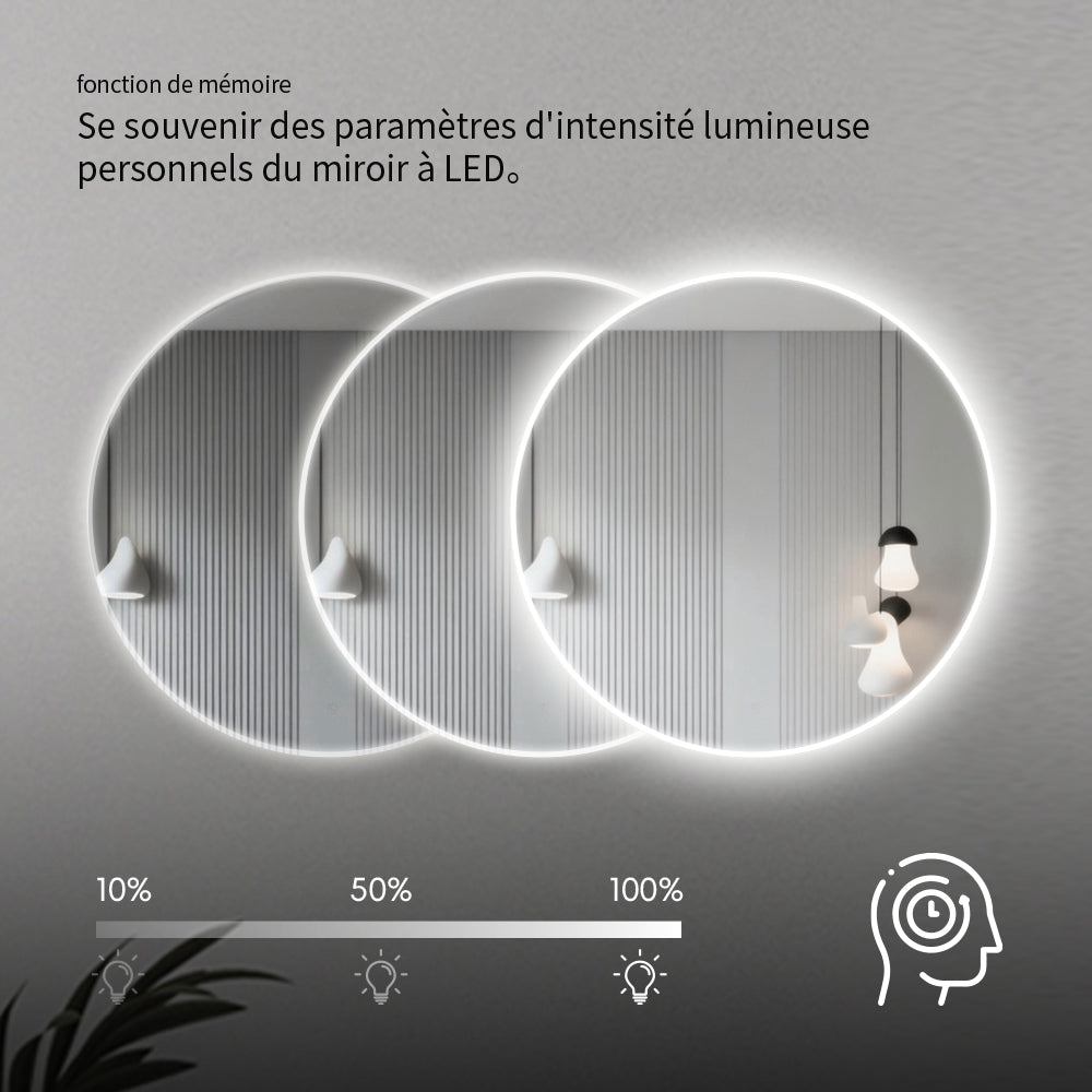 Miroir rond pour salle de bain avec lumière dimmable et 3 températures de couleur