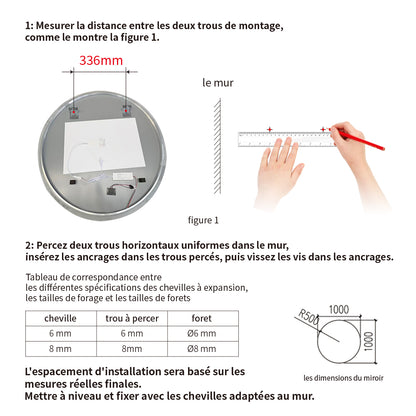 Miroir circulaire antibuée avec lumière LED à luminosité dimmable pour salle de bain