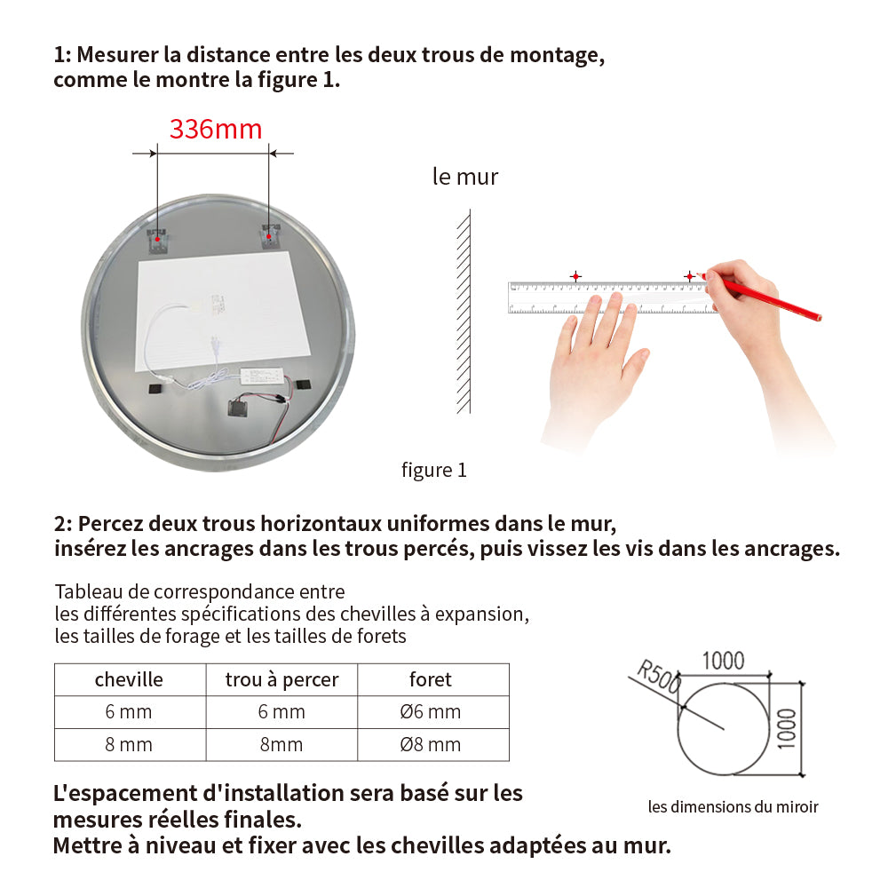 Miroir rond pour salle de bain avec lumière dimmable et 3 températures de couleur