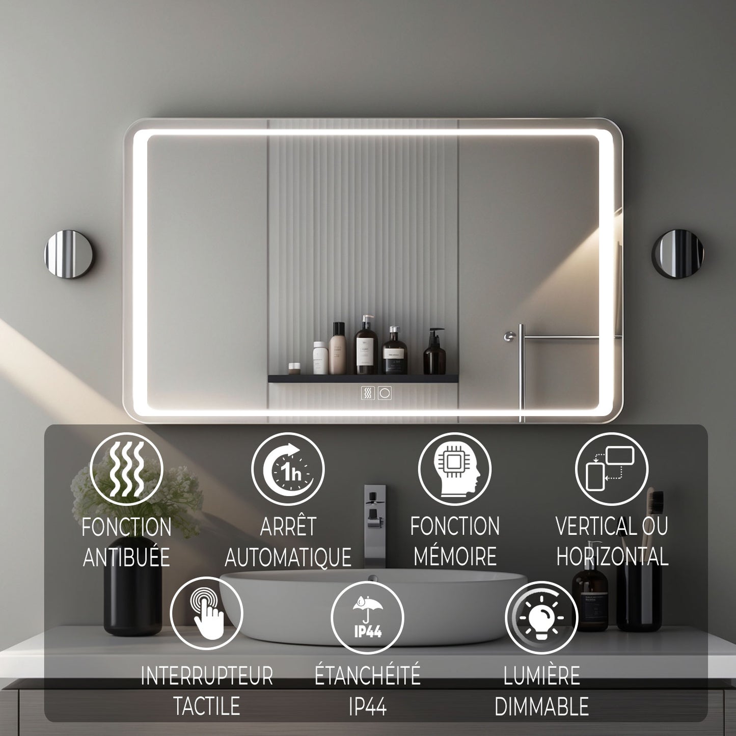 Miroir Salle de bain antibuée rectangulaire avec luminosité 6000K luminosité réglable