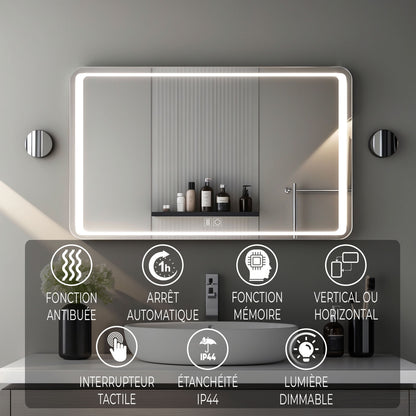 Miroir Salle de bain antibuée rectangulaire avec luminosité 6000K luminosité réglable