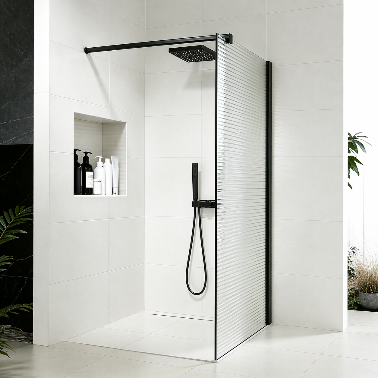 Paroi de douche en verre ondulé 8mm avec profilé et barre 90cm en aluminium noir mat