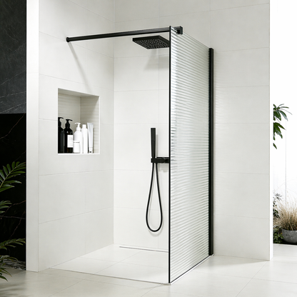 Paroi de douche en verre ondulé 8mm avec profilé et barre 90cm en aluminium noir mat