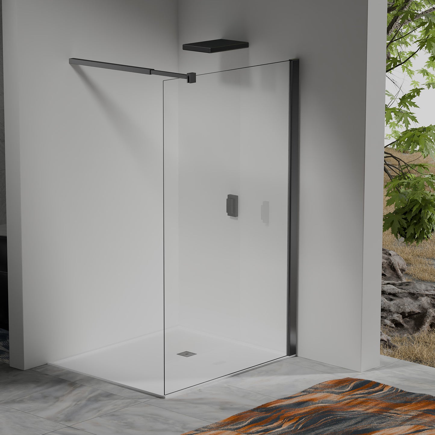 Paroi de douche Italienne avec profilé mural et barre de fixation extensible 73-120cm en alu noir mat