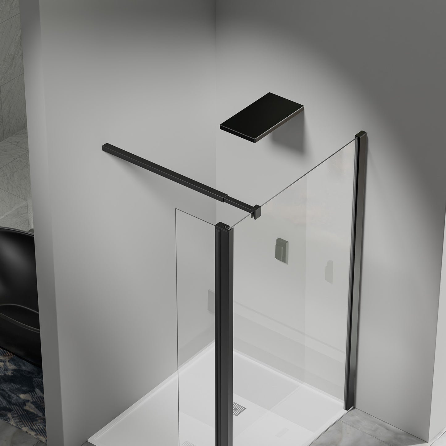 Paroi de douche avec volet pivotant - Barre de fixation extensible 73-120cm en Alu noir mat