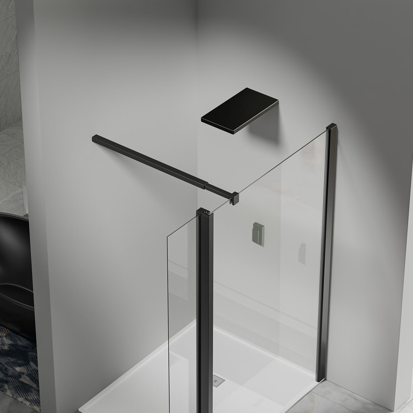 Paroi de douche avec volet pivotant - Barre de fixation extensible 73-120cm en Alu noir mat