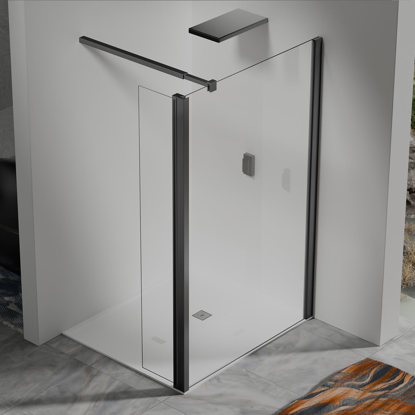 Paroi de douche avec volet pivotant - Barre de fixation extensible 73-120cm en Alu noir mat